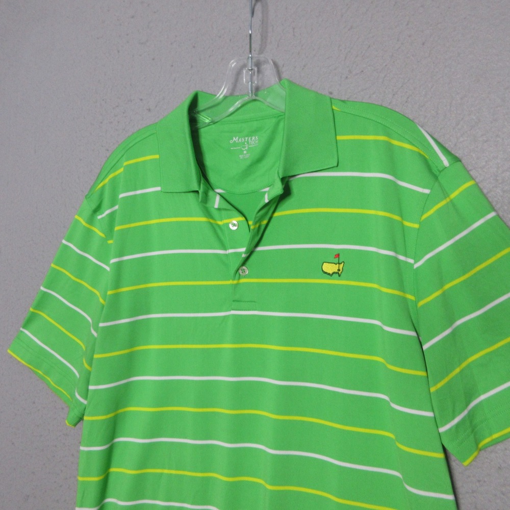 Masters Tech Polo‎ Shirt Men M Green Striped Performance Golf Short Sleeve Logo